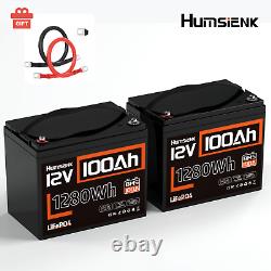 HumSienk 12V 100Ah 2 Pack LiFePO4 Lithium Battery with Cable For RV Solar Marine
